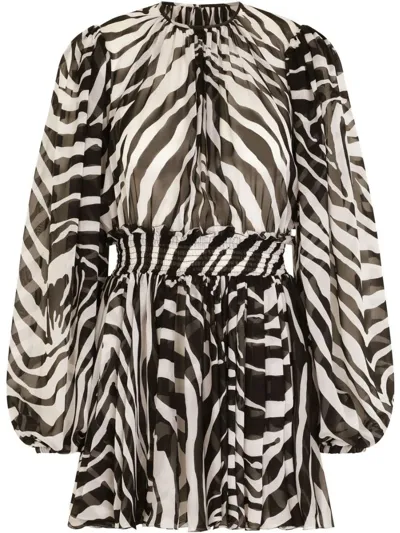 Dolce & Gabbana Zebra Printed Silk Chiffon Mini Dress In Zebra Nera Fdo Bianc