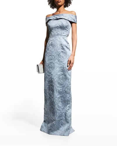 Rickie Freeman For Teri Jon Off-shoulder Jacquard Column Gown In Slate