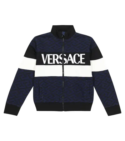 Versace Kids' Greca Stripe-logo Zip-up Sweatshirt In Navy