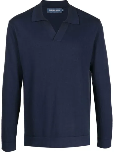 Frescobol Carioca Aurelio Buttonless Cotton And Wool-blend Polo Shirt In Navy