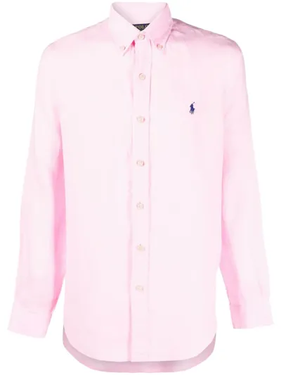 Polo Ralph Lauren Oxford Shirt With Buttoned Collar And Curved Hem In Pink