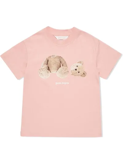 Palm Angels Kids' Bear Print T-shirt In Pink Brown