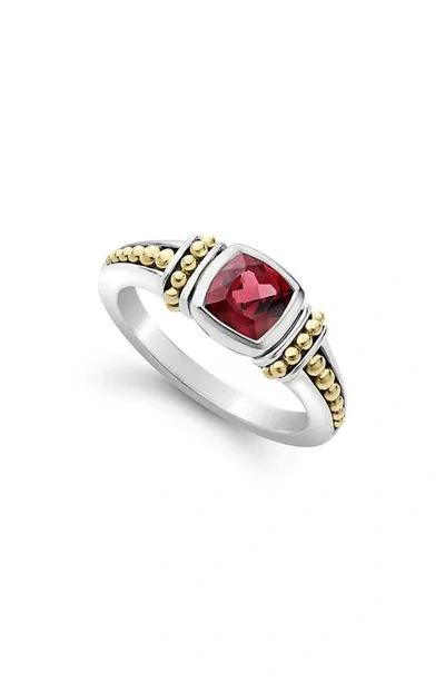 Lagos 18k Yellow Gold & Sterling Silver Caviar Color Rhodolite Garnet Solitaire Beaded Ring In Red/silver