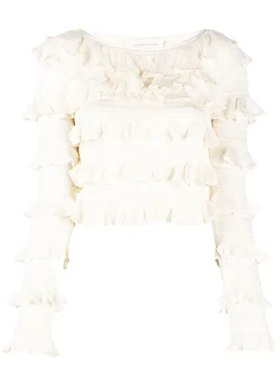 Zimmermann Dancer Ruffled Long-sleeve Blouse In White