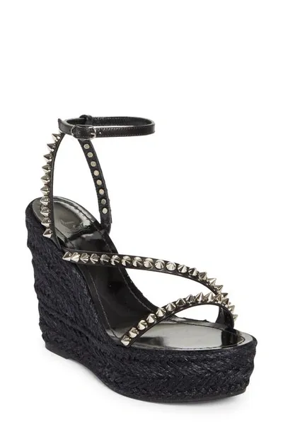 Christian Louboutin Mafaldina Zeppa Embellsihed Leather-trimmed Wedge Espadrilles In Black