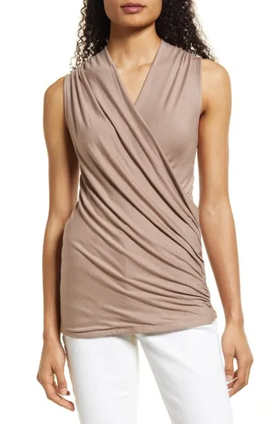 Loveappella Cross Drape Sleeveless Top In Mushroom