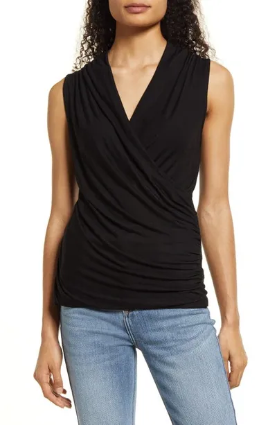 Loveappella Cross Drape Sleeveless Top In Black