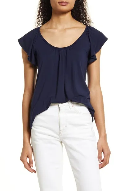 Loveappella Flutter Sleeve Top In Navy