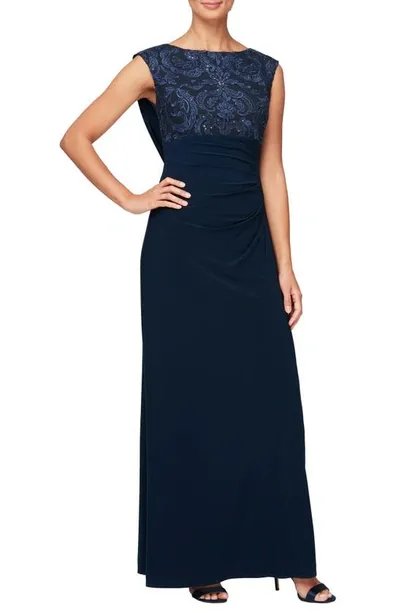 Alex Evenings Sequin Floral Bodice Cowl Back Gown In Blue