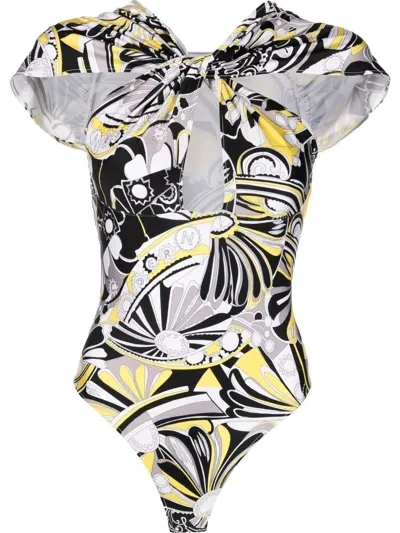 Coperni Printed Twisted Cut-out Bodysuit In Black Yellow