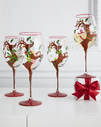 Neiman Marcus Hand-painted Reindeer Wine Glasses, Set Of 4