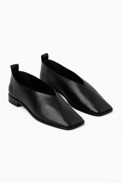 Cos Square-toe Crossover Leather Ballet Flats In Black