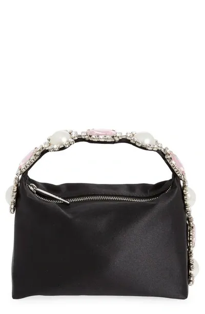 L'alingi Satin Jeweled Handle Clutch In Black