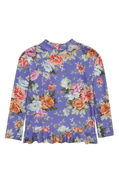 Zimmermann Kids' Pattie Floral Print Ruffle Hem Rashguard In Purple Rose