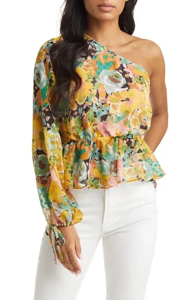 Vici Collection Floral One-shoulder Peplum Blouse In Green Multi