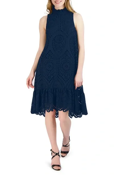 Julia Jordan Sleeveless Mock Neck Ruffle Eyelet Dress In Navy