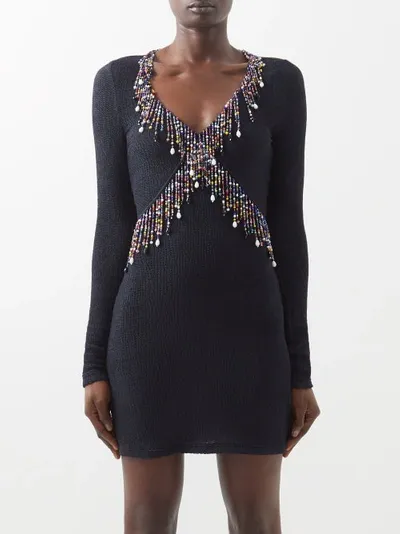 Christopher Kane Black Bead-embellished Seersucker Mini Dress