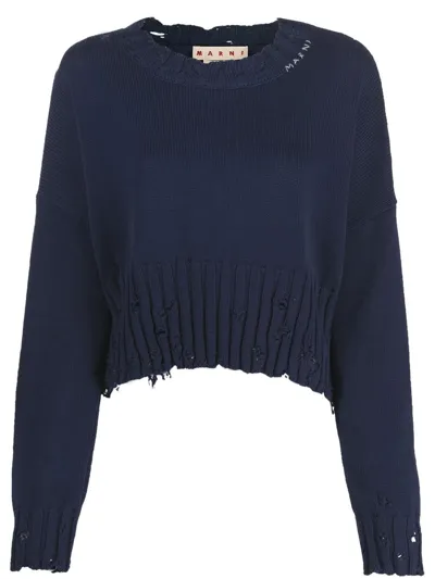 Marni Distressed-finish Cropped Jumper In Blue