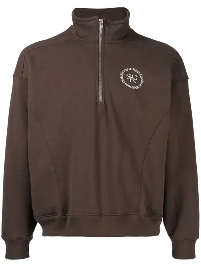 Sporty And Rich Embroidered Quarter-zip Sweatshirt In Braun