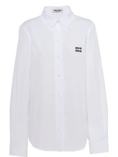 Miu Miu Button-down Embroidered-logo Poplin Shirt In White