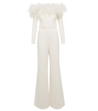 Safiyaa Feather-trimmed Jumpsuit In Ivory On Ivory