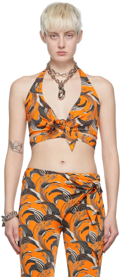 Rabanne Hawaii Printed Viscose Halter Crop Top In Pastel Orange Liliyflower