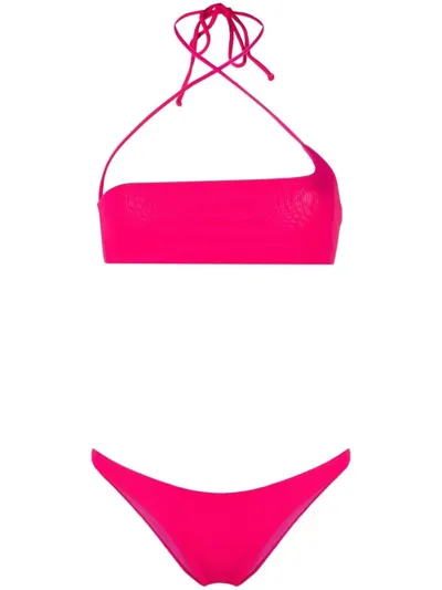 Attico Ribbed Halterneck Bandeau Bikini In Rosa