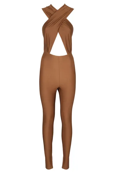 The Andamane Hola Halterneck Stretch Jumpsuit In Marrone