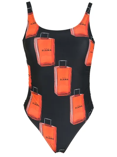 Amir Slama Graphic Logo-print Swimsuit In Black