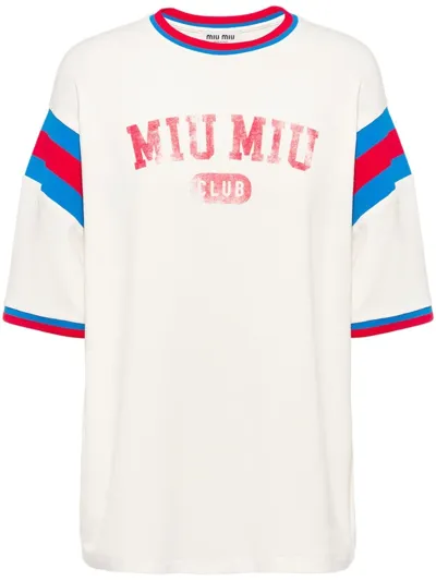 Miu Miu Logo-print Relaxed-fit Stretch-woven T-shirt In Multicolor