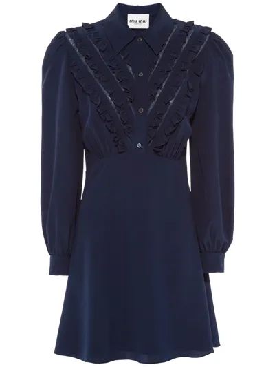 Miu Miu Ruffle-trim Silk Mini Dress In Blue