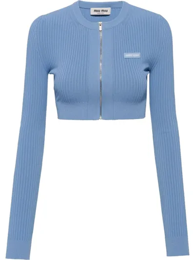 Miu Miu Logo-embroidered Cropped Cardigan In Celeste