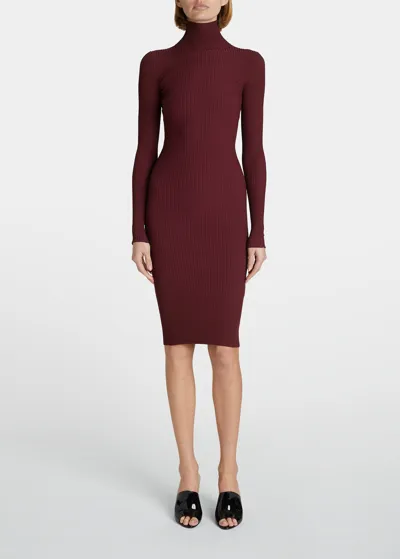 Alaïa Ribbed Knee-length Turtleneck Bodycon Dress In Bordeaux