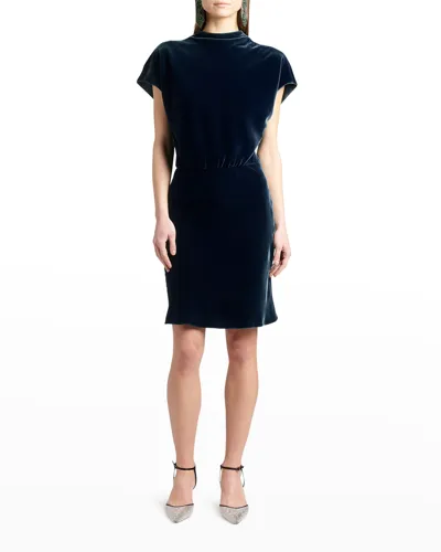 Giorgio Armani Draped Cap-sleeve Velvet Dress In Dark Blue