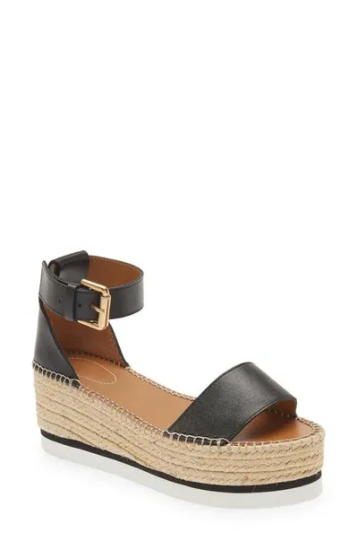 See By Chloé Glyn Leather Platform Espadrille Wedge Sandals In Black