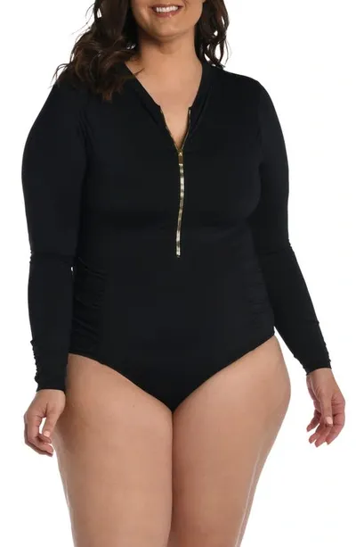 La Blanca Plus Size Island Goddess Shirred Paddlesuit In Black