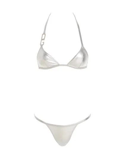 Dolce & Gabbana Triangle Bikini With Dg Logo In Silver