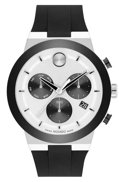 Movado Men's Swiss Chronograph Bold Fusion Black Silicone Strap Watch 44mm In Silver