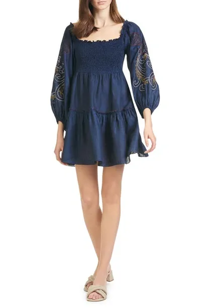 Sachin & Babi Lola Embroidered Smocked Long Sleeve Cotton Minidress In Midnight Blue