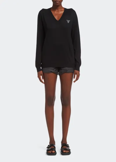 Prada Logo-intarsia Cashmere Pullover In Black