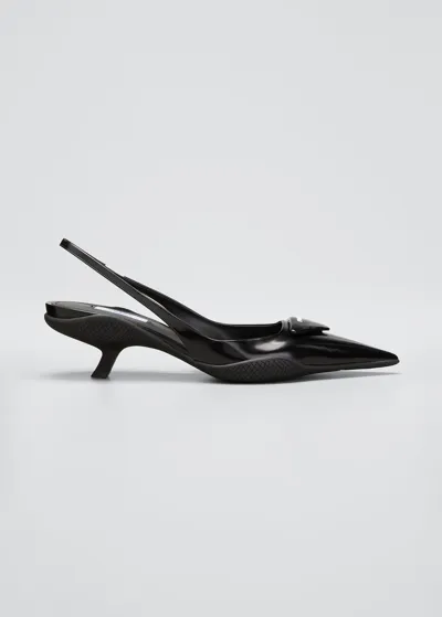 Prada Triangle Logo Kitten-heel Slingback Pumps In Nero