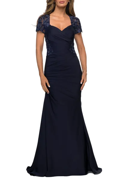 La Femme Satin Evening Dress With Lace And Scoop Neckline In Navy