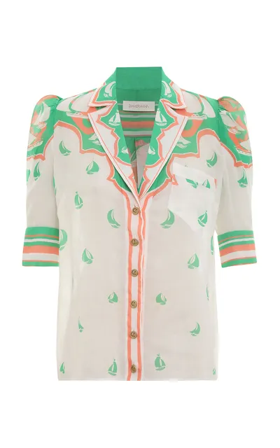 Zimmermann High Tide Sailboat Print Ramie Button-up Shirt In Green Sailboats