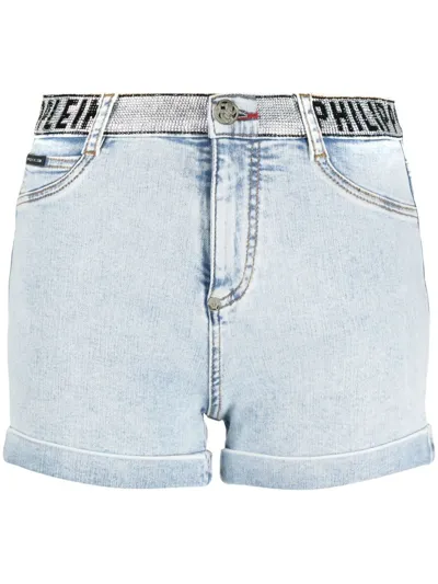 Philipp Plein Logo-embellished Denim Shorts In Blau