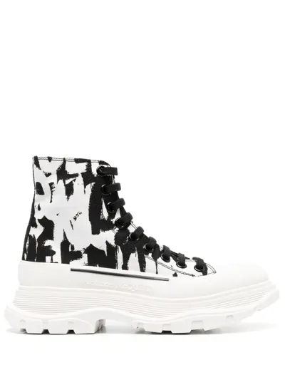 Alexander Mcqueen Tread Slick Graffiti Logo Ankle Boots In Blue White