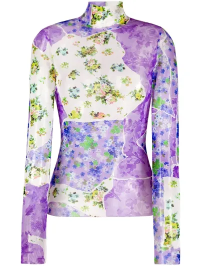 Msgm Floral-print Long-sleeve Top In Violett