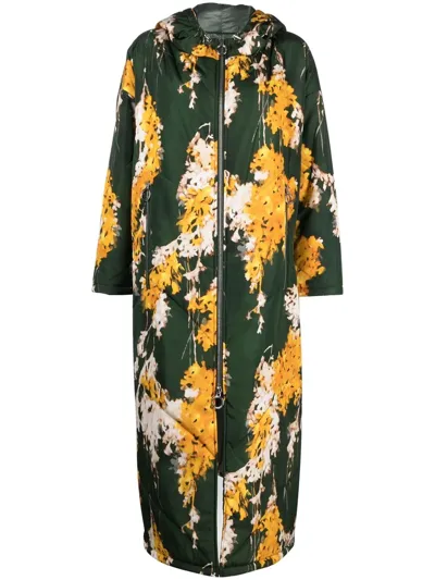 Del Core Floral-print Hooded Coat In Green