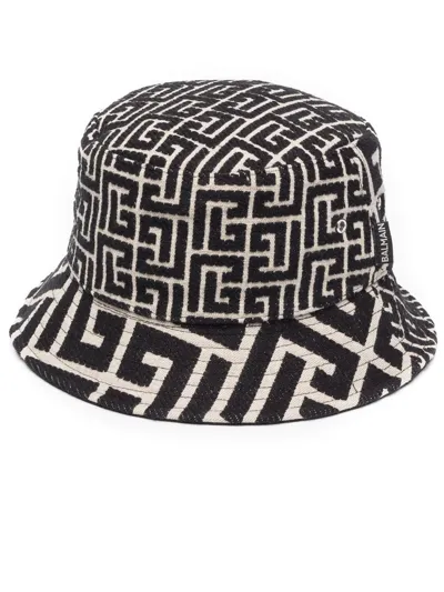 Balmain Monogram-pattern Wide-brim Cotton-blend Bucket Hat In Black