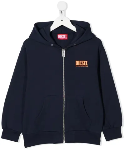 Diesel Kids' Zip-front Logo Hoodie In Blue