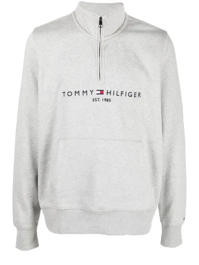 Tommy Hilfiger Logo-embroidered Quarter-zip Hoodie In Grau